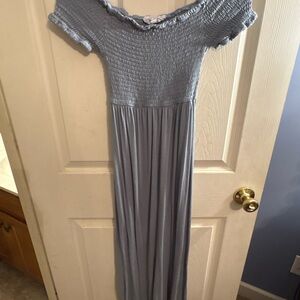 Smocked Off-Shoulder Maxi Dress in Dusty Blue
